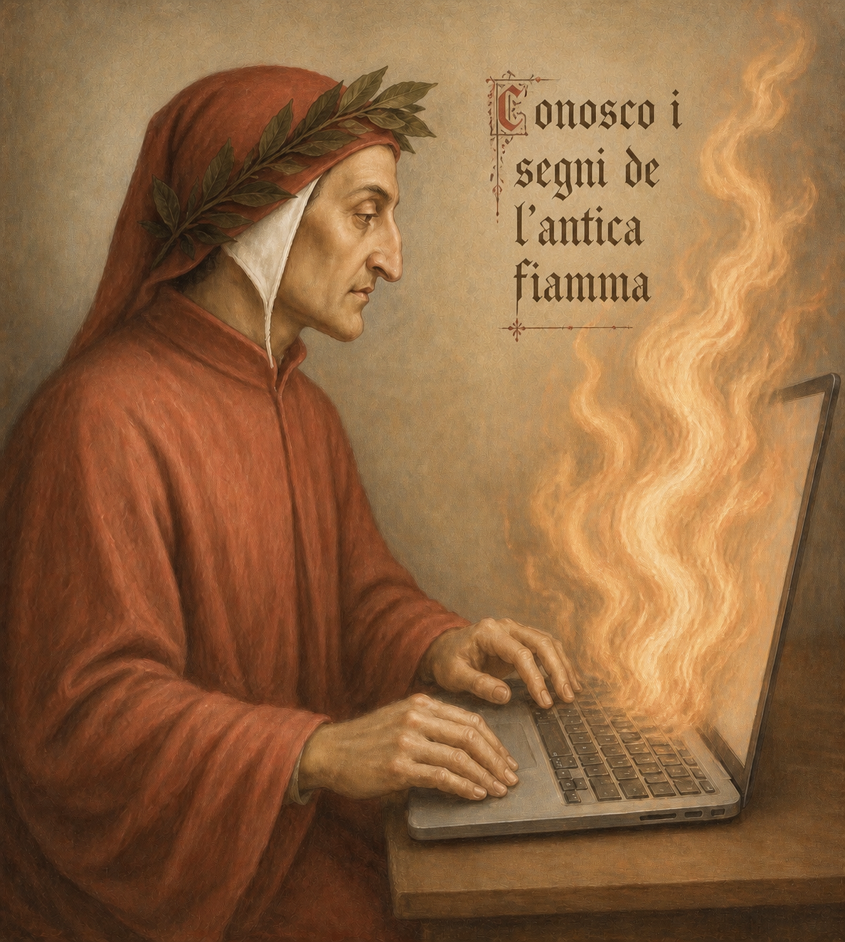 Dante in a red robe working at a laptop while flame rises from the screen.