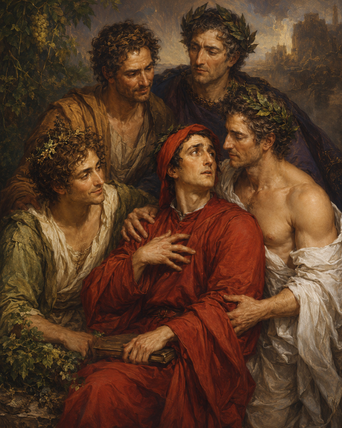 AI-generated illustration of Dante in red, surrounded by four imagined versions of Virgil.